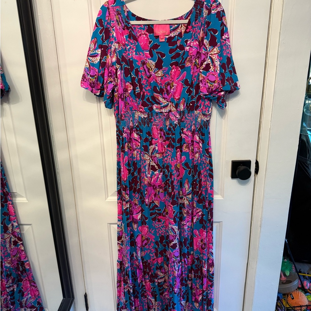 Lilly Pulitzer Minka Sleeved Maxi Dress XL Blue Grotto Commotion in the Ocean